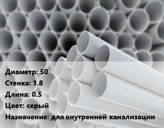 Труба ПВХ, поливинилхлорид 50 s=1.8 L=0.5 серый для внутренней канализации, шт, НПВХ цена от 139.5 сом / шт, где купить, условия доставки в Оше и Ошской области